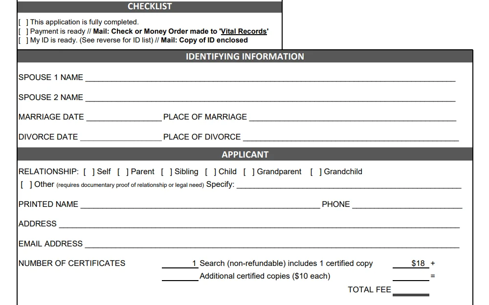 A screenshot of the marriage or divorce certificate request form in Salt Lake County with the required fields, including "Identifying Information" and "Applicant Information."