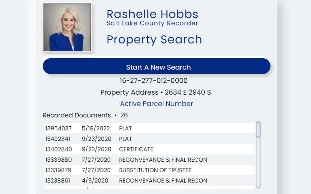 A screenshot of the Salt Lake County Recorder's property search website displays an image of the county recorder at the top left, with an option to start a new search; at the bottom of the screenshot is a list of recorded documents with their dates, document numbers, and title.