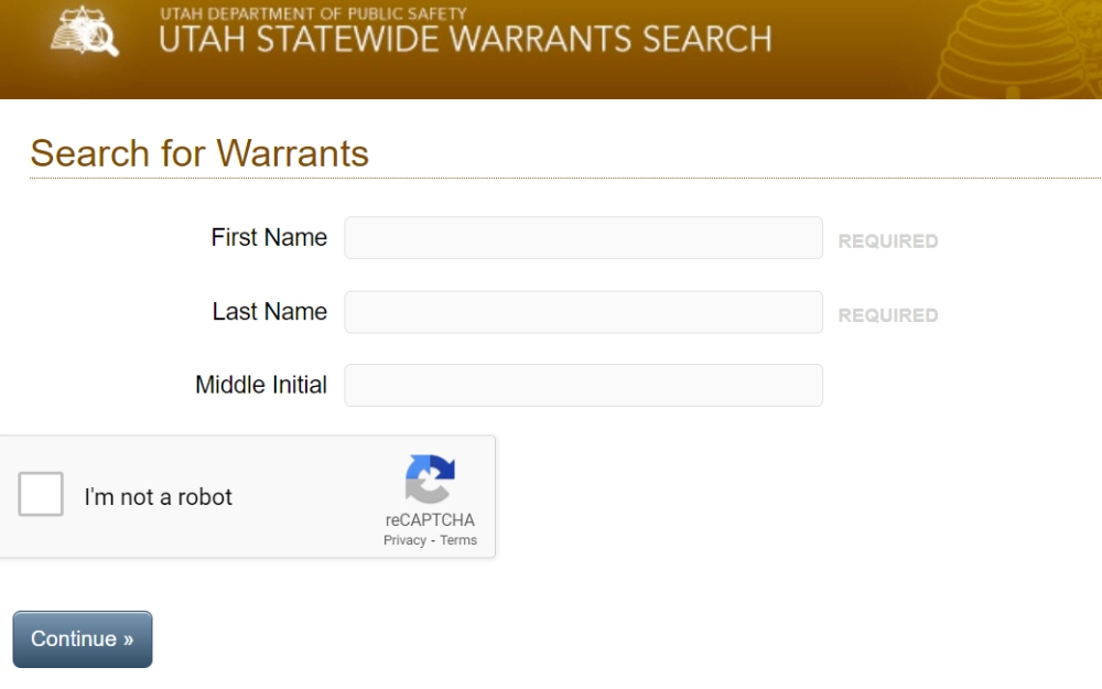 A screenshot of the Utah Department of Public Safety's statewide warrant search page, which requires the offender's full name for a search.