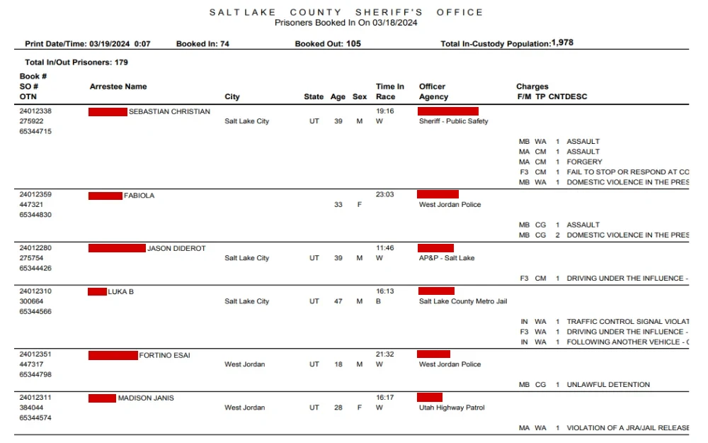 A screenshot displaying the prisoners booked on March 18, 2024, includes details such as a book, SO or OTN number, arrestee name, city, state, age, sex, officer, agency, and charges information.