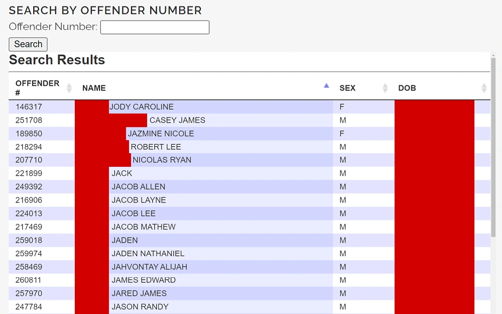 A screenshot showing the offender search results from the Utah Department of Corrections website, with information such as the inmate's number, full name, gender, and birth date.