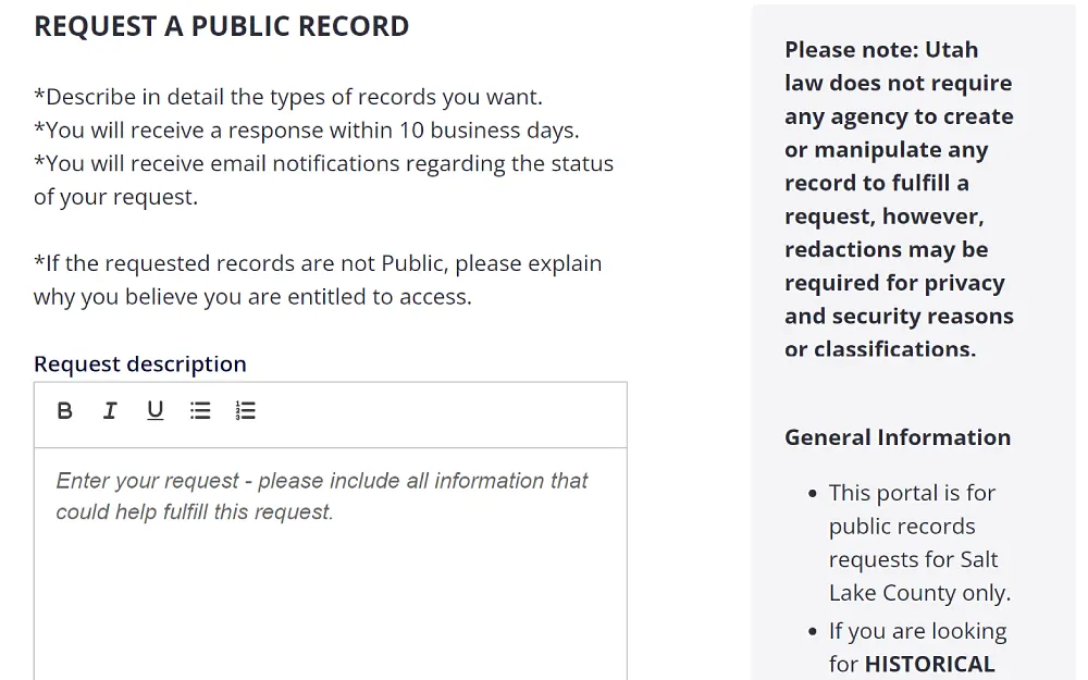 A screenshot shows a request description box that can be filled out with details of the type of records requested, including all the information that could help with the request.