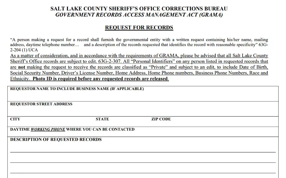 A screenshot showing the Salt Lake County Sheriff's Office's request for records with information to be filled in, such as the requestor's name to include the business name and the requestor's street address, city, state, and zip code.