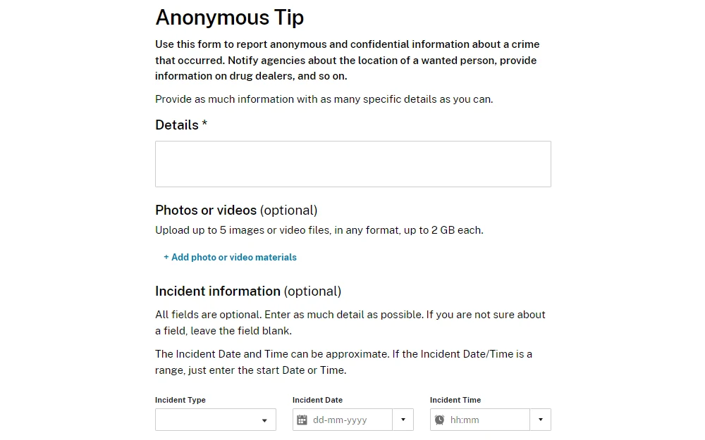 A screenshot of the online tip submission form from the Police Department of Salt Lake City, showing instructions for filling out the form, fields for details, incident type, date, and time, and an option to add a photo or a video.