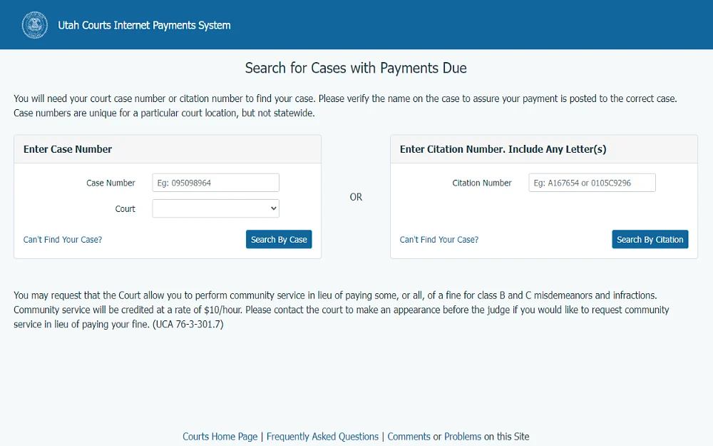 A screenshot showing a search tool for cases with payment due by two options: entering the case number and court or citation number from the Utah Courts Internet Payments System website.