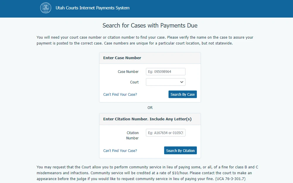 Screenshot form the Utah Courts Internet Payments System, showing the fields for either the case number or citation number as a first step for paying fines.