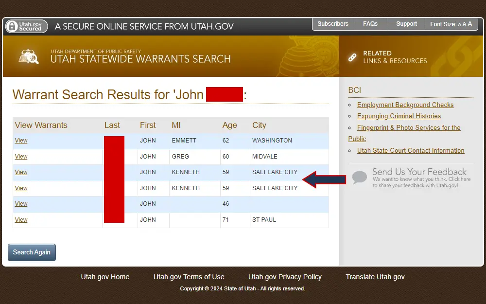A screenshot from the Utah Department of Public Safety displaying the warrant search results, including the wanted person's name, age, and city, and an option to view more details per person, with people from Salt Lake City highlighted with an arrow.