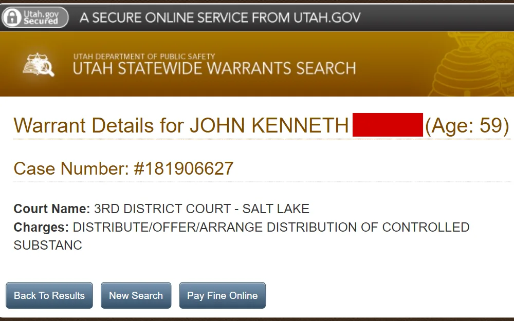 A screenshot of a wanted person's warrant detail from the Utah Department of Public Safety displaying the name, case number, age, court name, and charges.
