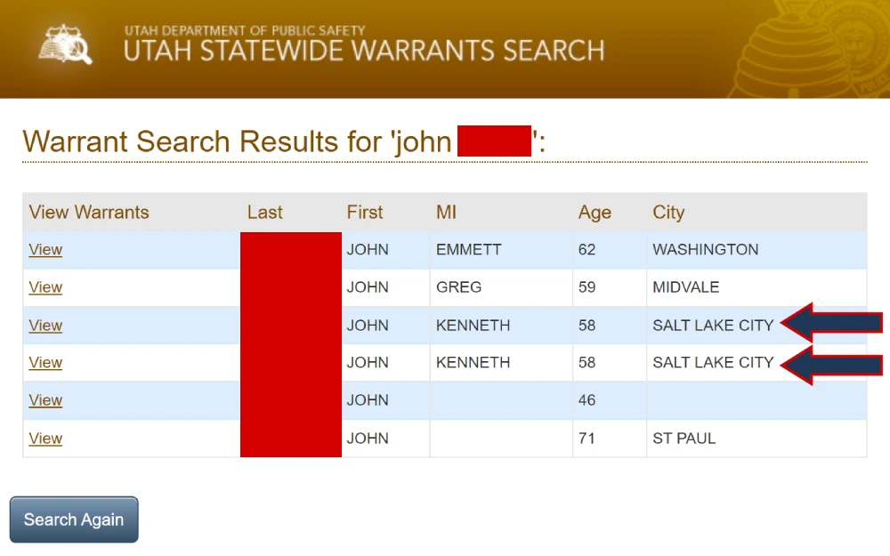 A screenshot showing a warrant search results containing information such as last, first, and middle names, age, and city from the Utah Department of Public Safety website.