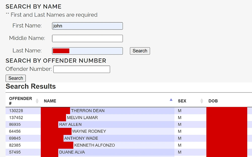 A screenshot of the offender search on the Utah Department of Corrections website features search criteria such as first, middle and last name, offender number and search results.