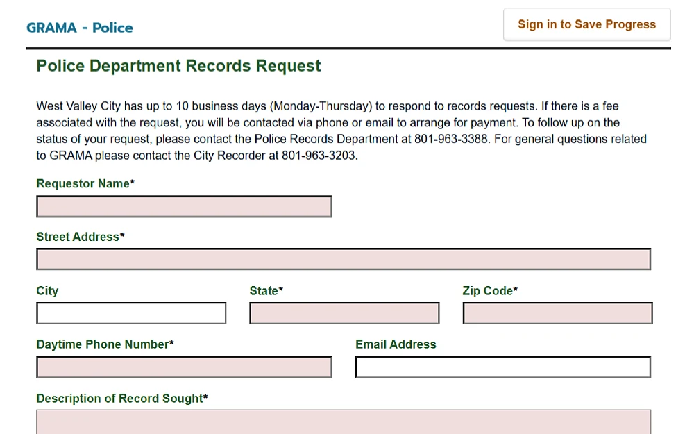 A screenshot of a police department records request with information to be filled in, such as the requestor's name, street address, city, state, zip code, daytime phone number, email address, and description of the sought record.